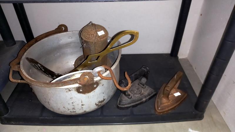 A vintage small galvanised watering can, jam pan, cast iron flat irons & balance scales etc. - Image 3 of 3