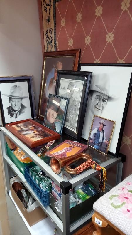 A quantity of John Wayne related items including LE of 95 John Wayne knife a/f, bugle, plaque,