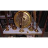 A Selection of Brass Including Large Tray, Companion Set, Candlesticks & Kettle etc