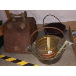 2 brass Jam pans, 2 early 20th century brass shelf brackets and a brass and iron coal box