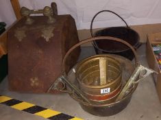 2 brass Jam pans, 2 early 20th century brass shelf brackets and a brass and iron coal box