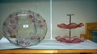 A 1930s Pink Glass Cake Stand with Crome Fittings and Large Glass Dish