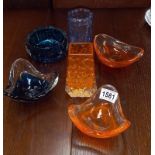 A Whitefriars tangerine coffin vase (minute nibble top edge) & 5 other coloured pieces of art glass