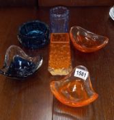 A Whitefriars tangerine coffin vase (minute nibble top edge) & 5 other coloured pieces of art glass