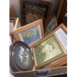 A box of assorted framed and glazed pictures and prints (approx 10)