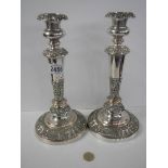 A pair of Sheffield silver plate on copper candlesticks, 28 cm.