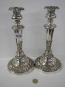 A pair of Sheffield silver plate on copper candlesticks, 28 cm.