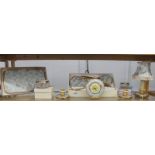 A superb quality vanity set with embroidered silk insets comprising tray, candlesticks, clock,