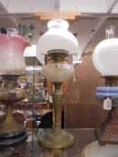 An old oil lamp with glass font and mushroom shade, COLLECT ONLY.