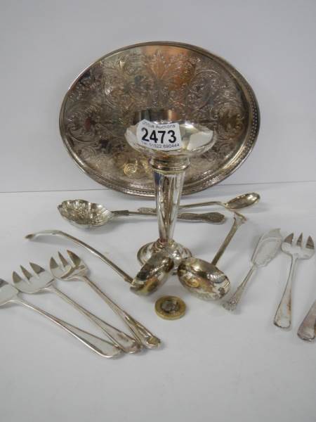 A silver plate card tray, spill vase, two ladles and other flatware. - Image 2 of 3