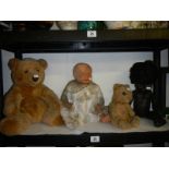 Two vintage dolls and two teddy bears.