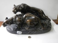 A heavy bronzed plaster jaguar group, COLLECT ONLY.