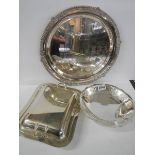 A silver plate tray, silver plate tureen and silver plate comport.