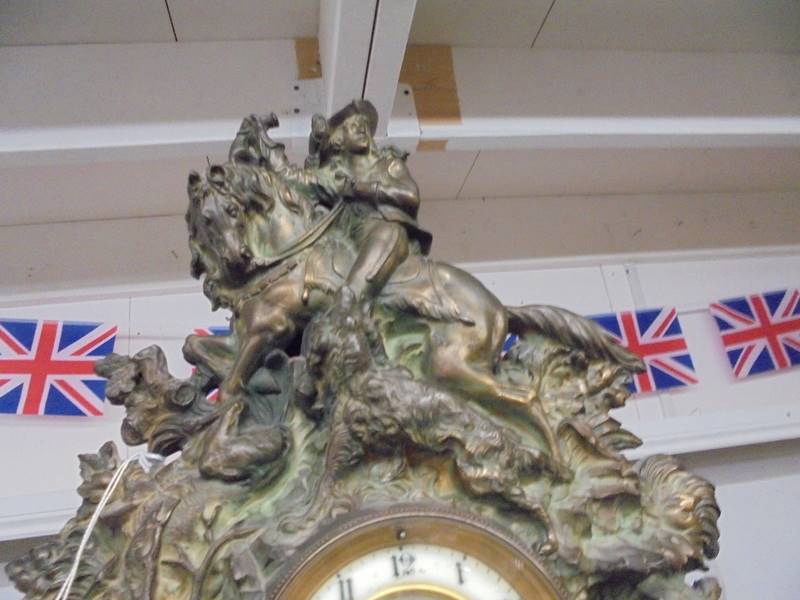 A Victorian cast iron 8 day clock with bronzed finish featuring horse, rider and gun dogs, - Image 2 of 5