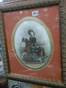 A framed study on glass of a small boy riding a toy horse, COLLECT ONLY.