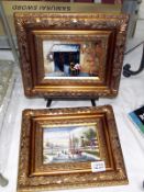 2 Dutch scene oil on board paintings in gilt frames (image 16.5cm x 11.5cm, frame 30.5cm x 25.5cm)