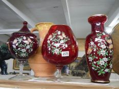Three large piece of hand painted red glass - lidded goblet, goblet and vase. COLLECT ONLY.