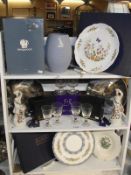 A large boxed vintage Wedgwood blue jasper vase, Royal Doulton collectors plates, boxed Aynsley