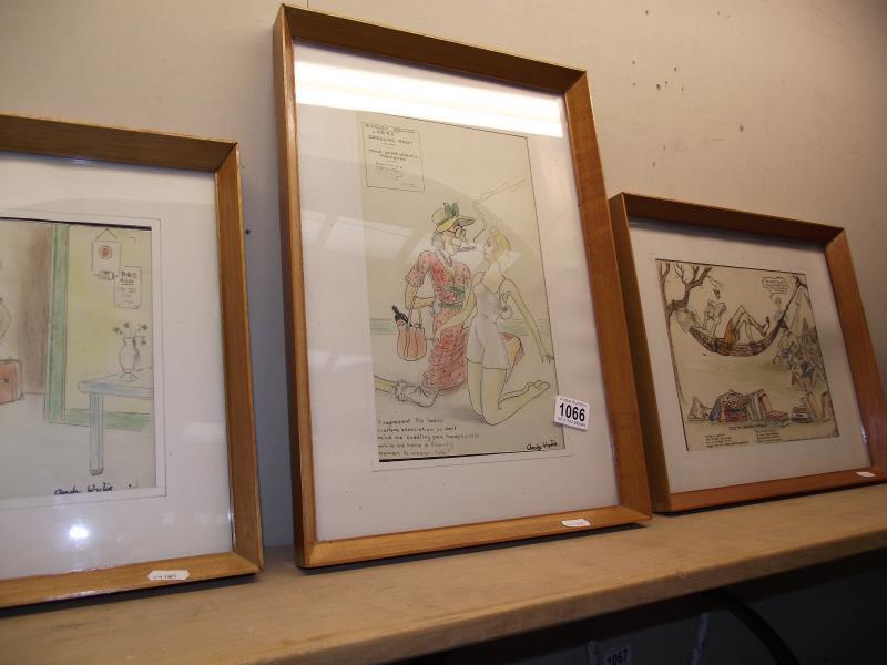 3 framed and glazed original pen and ink cartoon drawings by Andy Wylie (Saucy 1950's humour)