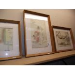 3 framed and glazed original pen and ink cartoon drawings by Andy Wylie (Saucy 1950's humour)