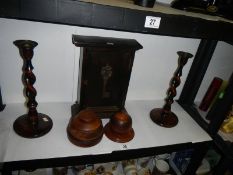 A mixed lot of wooden items including candlesticks, key box etc.,