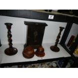 A mixed lot of wooden items including candlesticks, key box etc.,