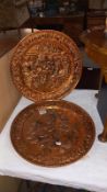 2 vintage pressed copper wall plaques diameter 42cm COLLECT ONLY