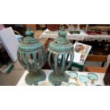 A pair of Verdigris metal garden lanterns, 49cm high, COLLECT ONLY