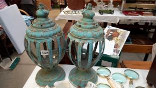 A pair of Verdigris metal garden lanterns, 49cm high, COLLECT ONLY