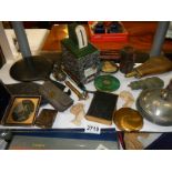 A mixed lot including Victorian powder flask, mirror, scales etc.,