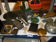 A mixed lot including Victorian powder flask, mirror, scales etc.,