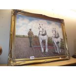 A gilt framed painting on canvas of heavy horses at work 54cm x 70cm COLLECT ONLY