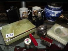 A mixed lot including Onyx jewellery box, flasks, Swiss army knife, Victorian biscuit jar etc