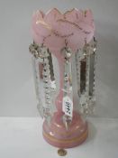 A Victorian hand decorated pink glass lustre, 35 cm, COLLECT ONLY.