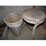 A vintage galvanised milking stool and 4 buckets COLLECT ONLY