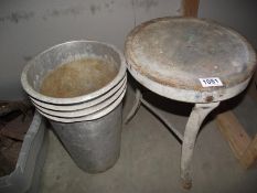 A vintage galvanised milking stool and 4 buckets COLLECT ONLY