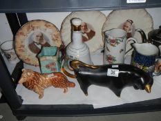 A good shelf of ceramics including pictorial plates, jugs etc., COLLECT ONLY.