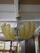 An art deco chrome and glass clam shell ceiling light. COLLECT ONLY.