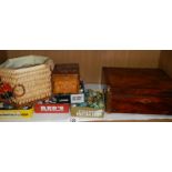 A mahogany box, marbles, buttons etc.,