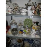 Three shelves of assorted ceramics, tea ware, figures etc., COLLECT ONLY.