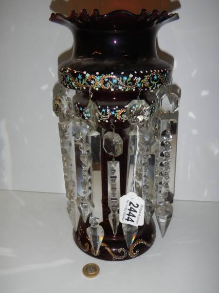 A Victorian hand decorated ruby glass lustre,, 32 cm. COLLECT ONLY. - Image 2 of 4
