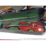 A Maidstone School Dorchester violin in case with two bows, 14 1/8" back.