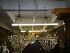 A pair of Victorian brass and glass chandeliers, COLLECT ONLY.