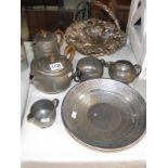 A Tudric pewter art deco 4 piece teaset and silver plated fruit basket etc