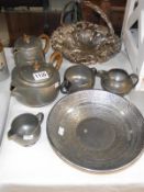 A Tudric pewter art deco 4 piece teaset and silver plated fruit basket etc