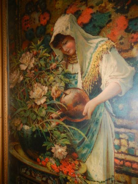 A framed study of a girl watering flowers, COLLECT ONLY. - Image 2 of 2