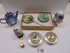 A boxed Chinese mirror and powder box, enamel teapot, two eggs, thimble etc.,