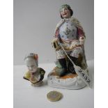 A Victorian bisque nodding king figure and a small bust of a child.