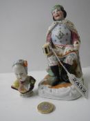 A Victorian bisque nodding king figure and a small bust of a child.