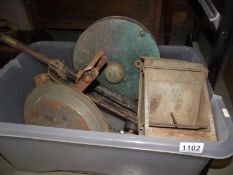 A box of metalware including cast iron, shoe lasts, brass bilge pump, dunlop junior foot pump,